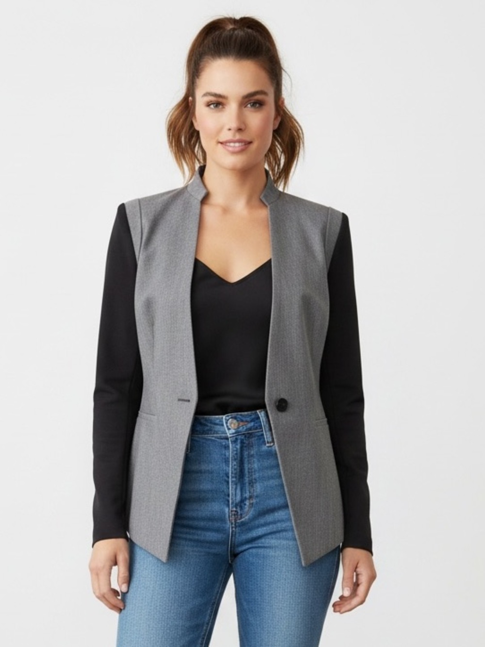 **Reese + Riley Colorblock Blazer Gray Black Stretch Career Jacket Sz 8